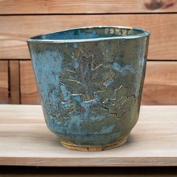 Handcrafted Pottery Maple Leaf Imprint Green Aqua Planter Vase - Picture 1 of 15